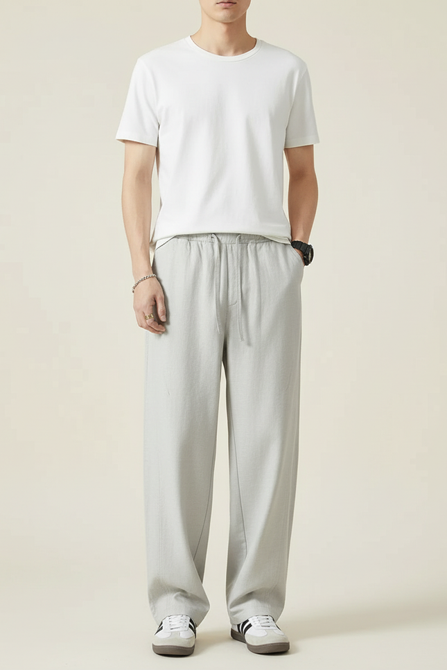 Pantalon Beige Ample Lin Coton Décontracté Homme