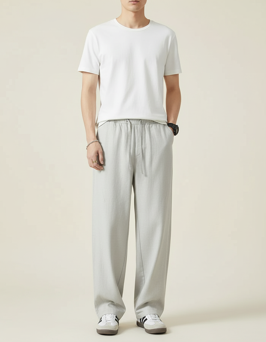 Pantalon Beige Ample Lin Coton Décontracté Homme