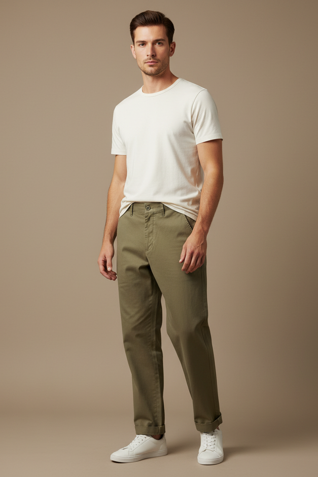 Pantalon Beige Coton Droit Homme Décontracté Moderne - Kaki