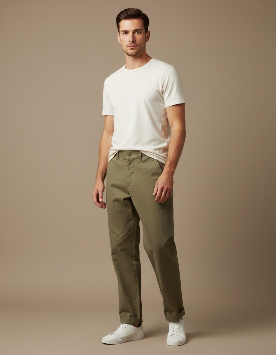 Pantalon Beige Coton Droit Homme Décontracté Moderne - Kaki
