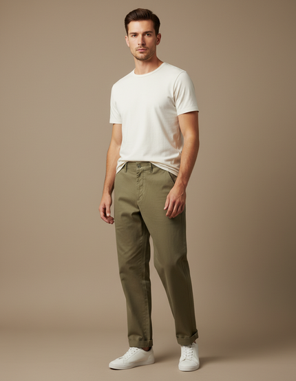Pantalon Beige Coton Droit Homme Décontracté Moderne - Kaki