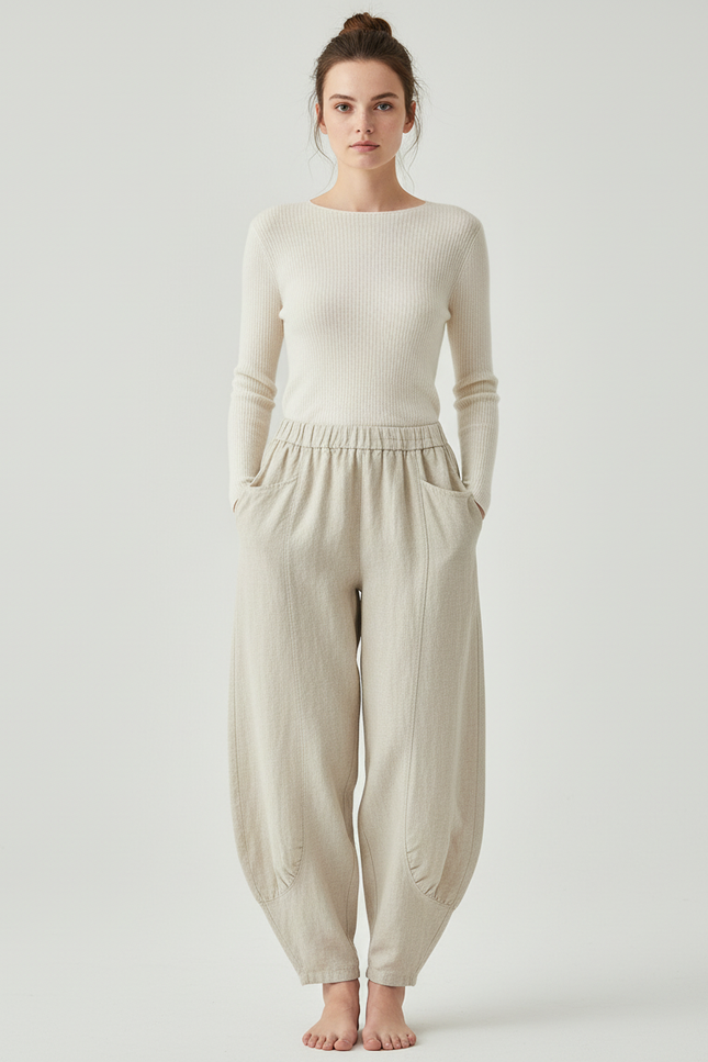 Pantalon Beige Ample Coton Lin Vintage Femme