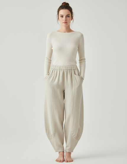 Pantalon Beige Ample Coton Lin Vintage Femme
