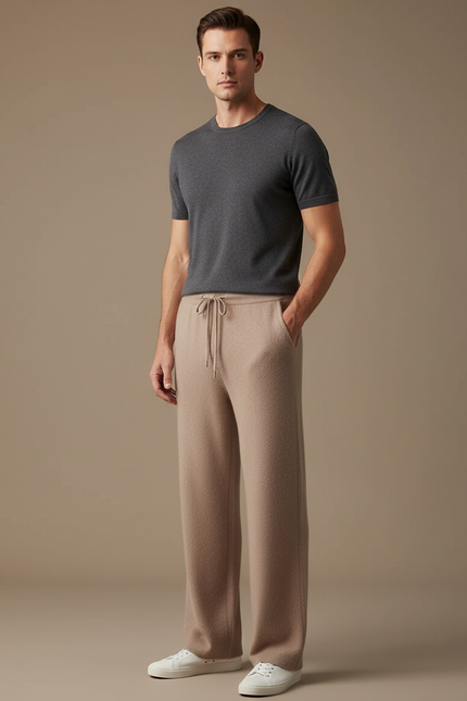 Pantalon Beige Tricoté Ample Homme Confortable Cordon - Maille