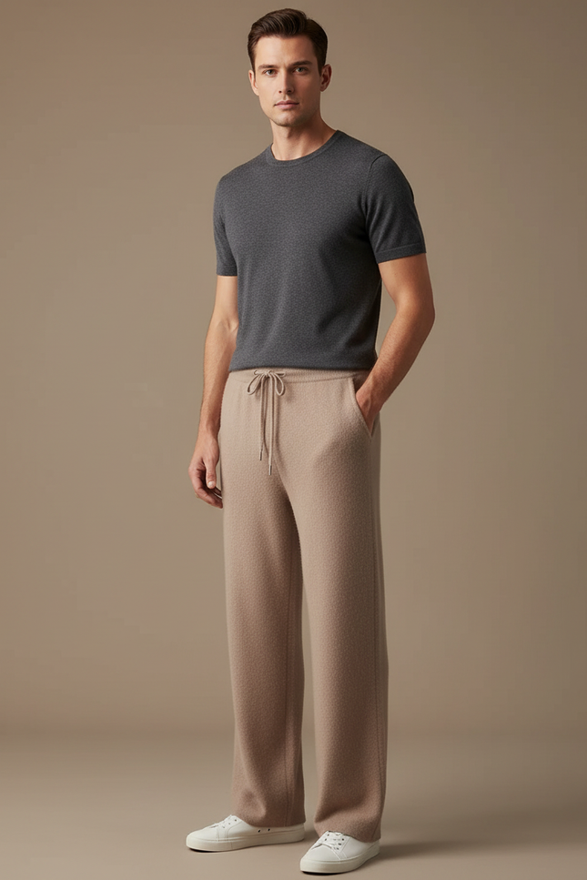 Pantalon Beige Tricoté Ample Homme Confortable Cordon - Maille
