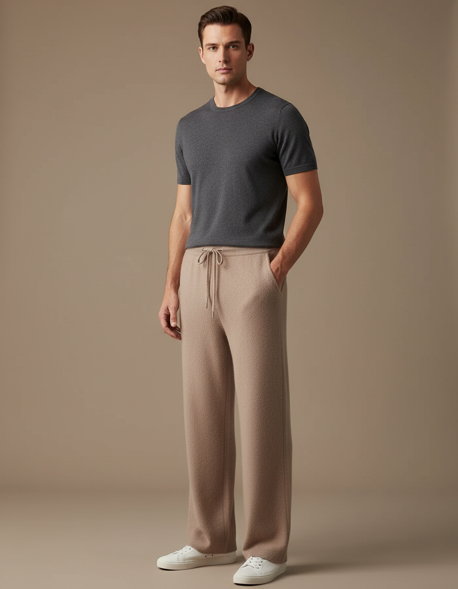 Pantalon Beige Tricoté Ample Homme Confortable Cordon - Maille