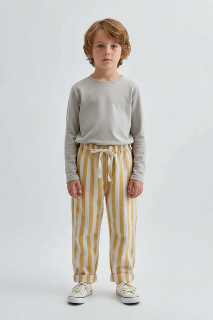 Pantalon Beige Rayé Coton Ample Décontracté Enfant - Laine