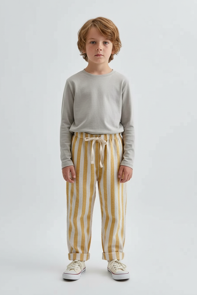 Pantalon Beige Rayé Coton Ample Décontracté Enfant - Laine