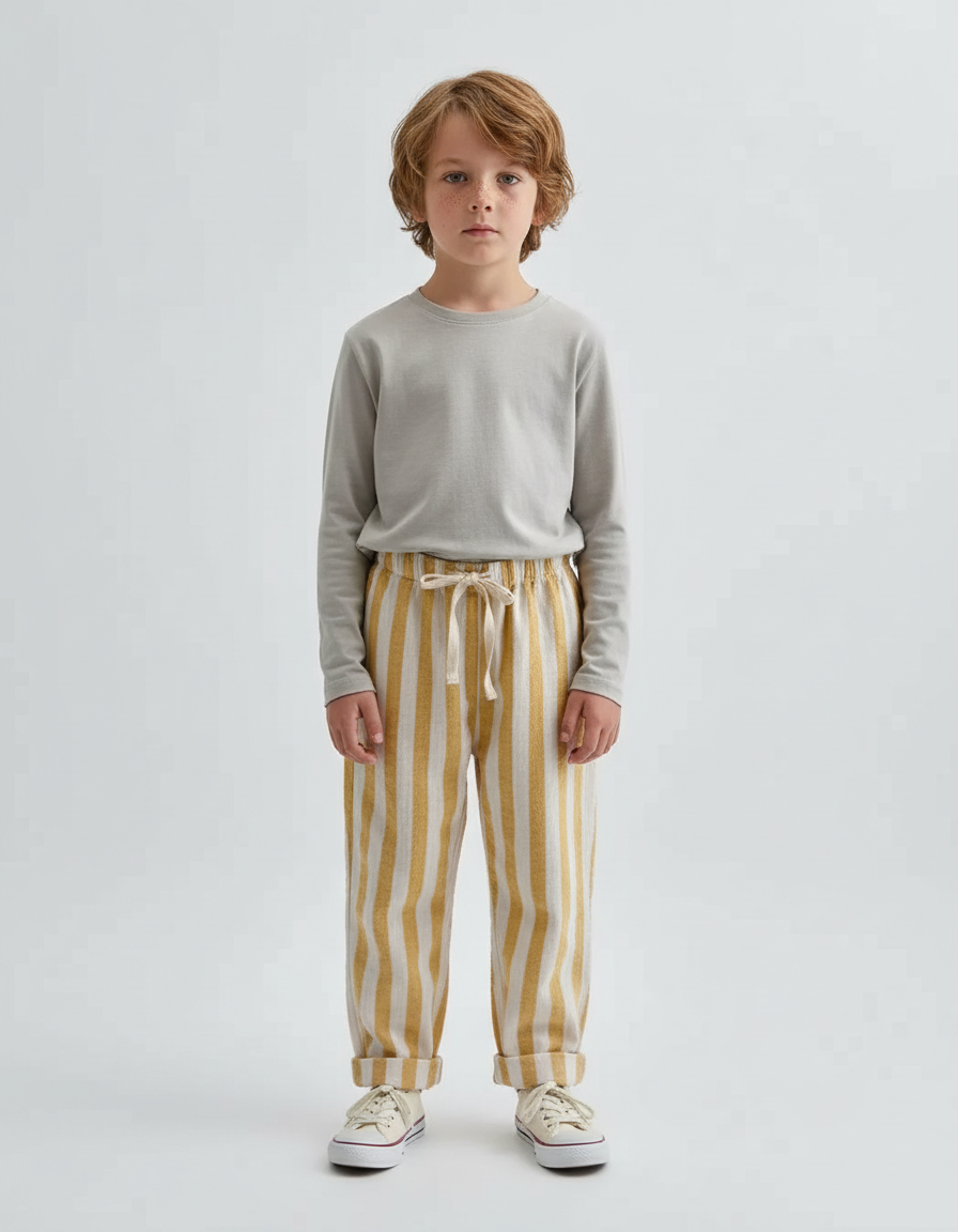 Pantalon Beige Rayé Coton Ample Décontracté Enfant - Laine