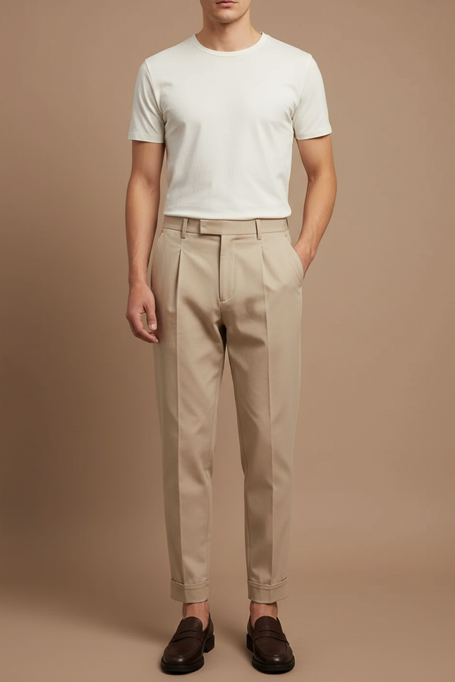 Pantalon Beige Plissé Droit Coton Élégant Décontracté