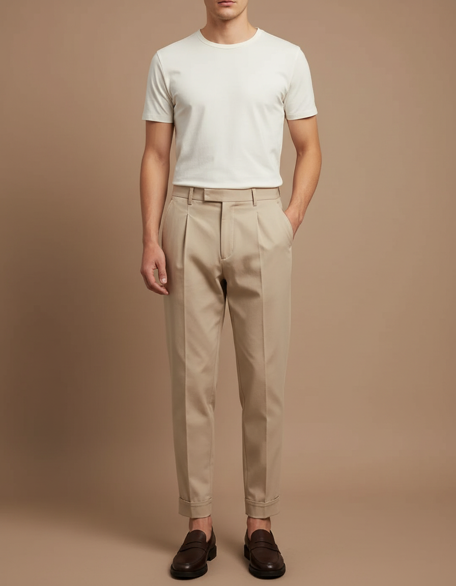 Pantalon Beige Plissé Droit Coton Élégant Décontracté