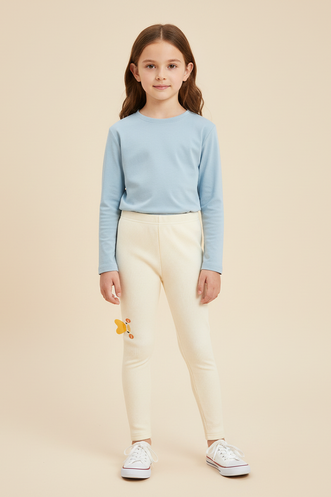 Pantalon Beige Côtelé Élastique Brodé Papillon Fille - Maille