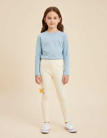 Pantalon Beige Côtelé Élastique Brodé Papillon Fille - Maille