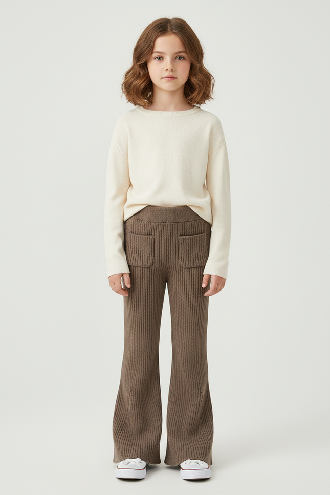 Pantalon Beige Côtelé Évasé Tricoté Enfant Décontracté - Marron Maille