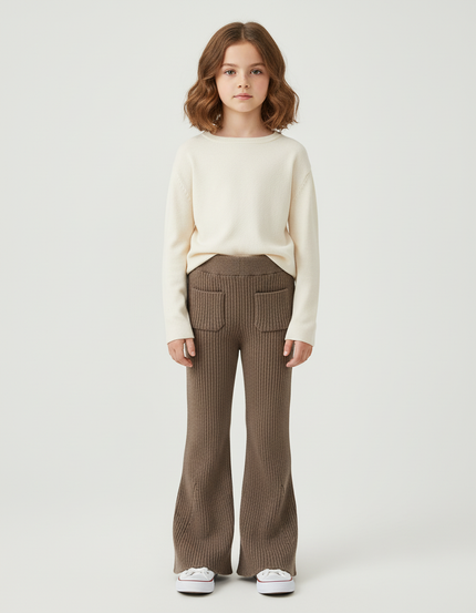 Pantalon Beige Côtelé Évasé Tricoté Enfant Décontracté - Marron Maille