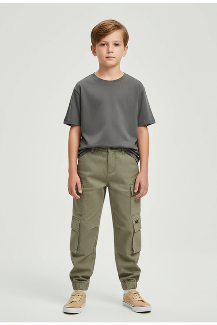 Pantalon Beige Cargo Coton Enfant Multipoches Décontracté - Kaki