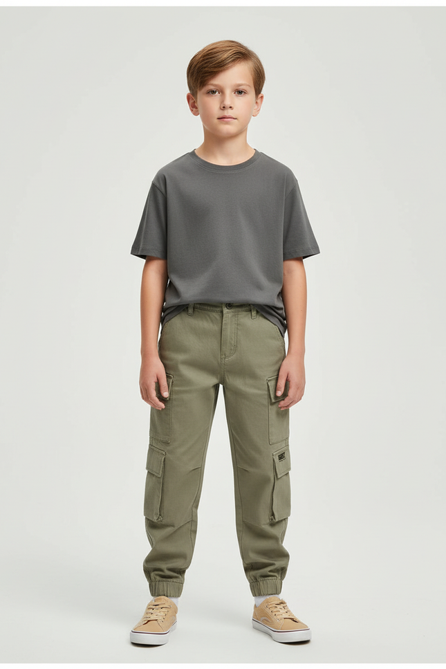 Pantalon Beige Cargo Coton Enfant Multipoches Décontracté - Kaki