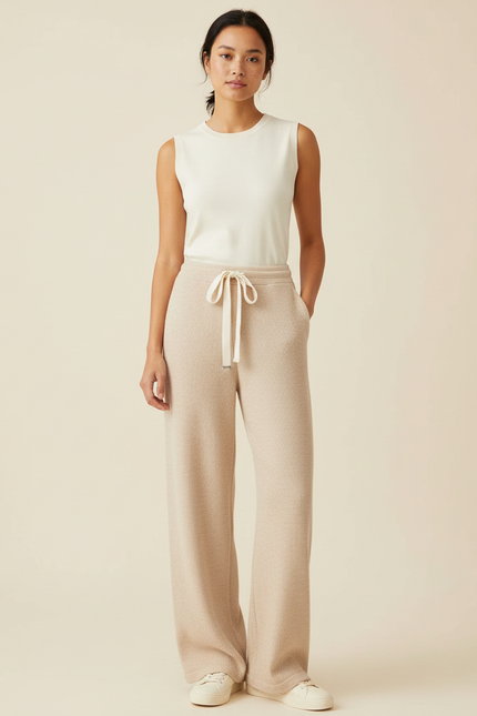 Pantalon Beige Maille Ample Cordon Décontracté Fluide
