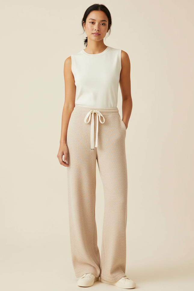 Pantalon Beige Maille Ample Cordon Décontracté Fluide