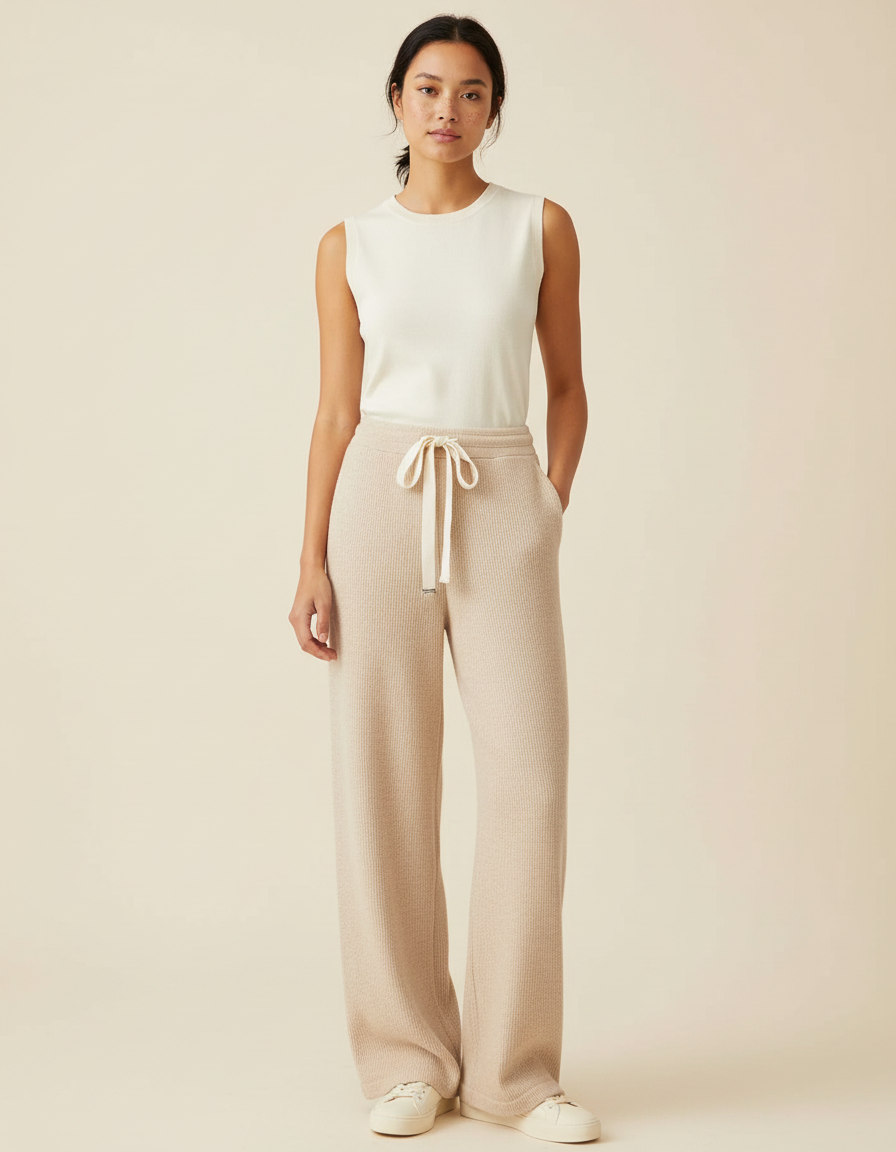 Pantalon Beige Maille Ample Cordon Décontracté Fluide