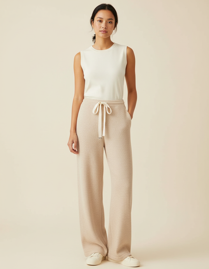 Pantalon Beige Maille Ample Cordon Décontracté Fluide