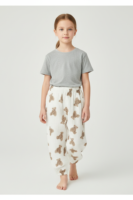 Pantalon Beige Oursons Coton Ample Décontracté Enfant
