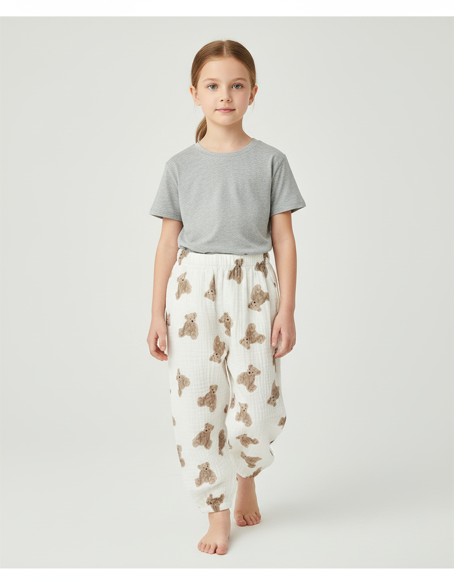 Pantalon Beige Oursons Coton Ample Décontracté Enfant