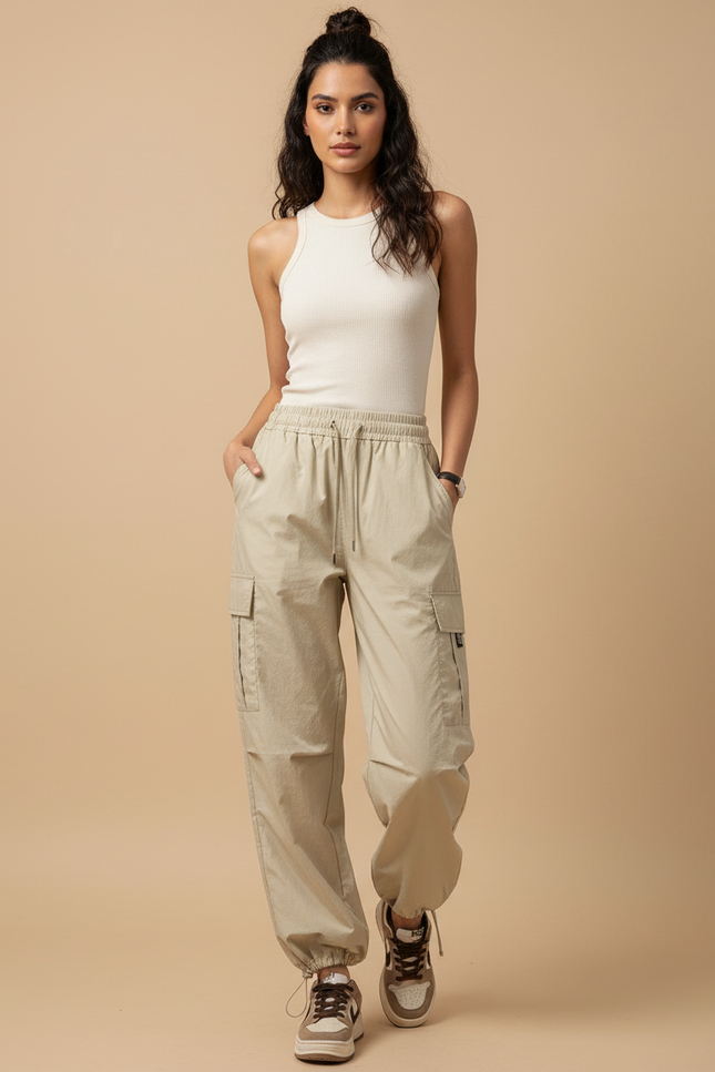 Pantalon Beige Cargo Ample Taille Haute Femme - Polyester