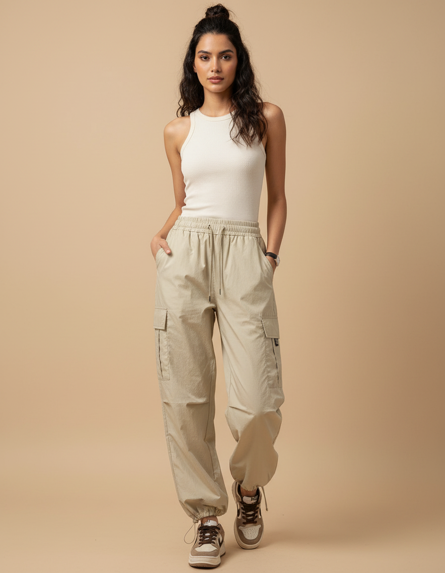 Pantalon Beige Cargo Ample Taille Haute Femme - Polyester