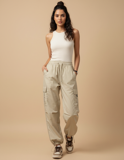 Pantalon Beige Cargo Ample Taille Haute Femme - Polyester