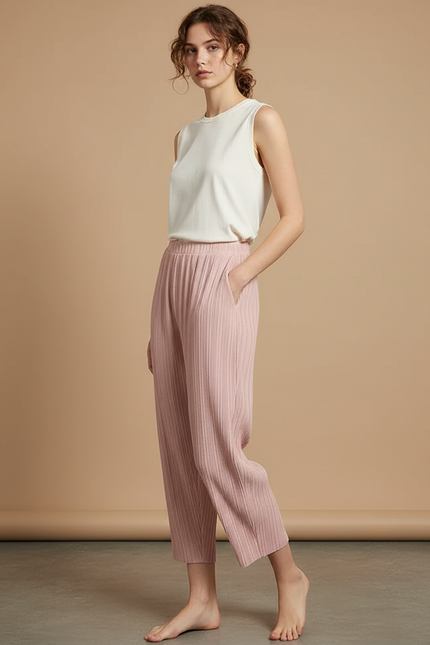 Pantalon Beige Plissé Ample Fluide Femme - Rose Polyester