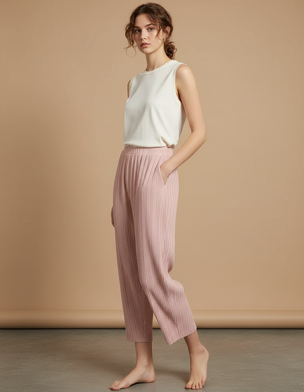 Pantalon Beige Plissé Ample Fluide Femme - Rose Polyester