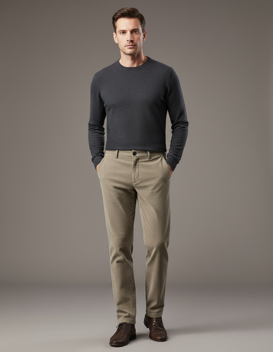 Pantalon Beige Côtelé Décontracté Homme Élégant - Cordé