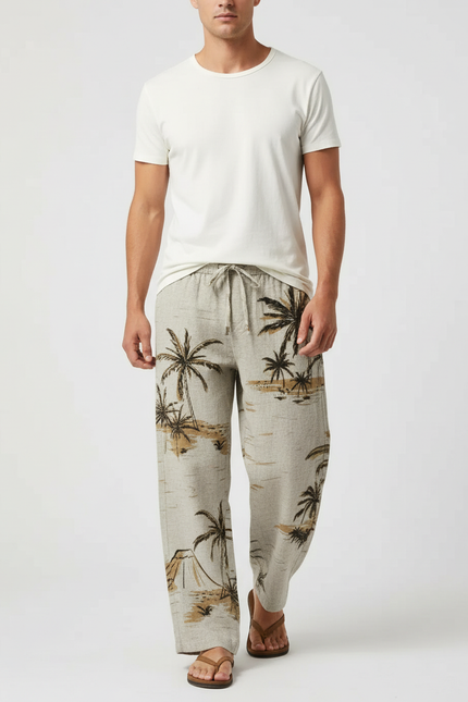 Pantalon Beige Ample Cordon Imprimé Palmier Homme - Lin