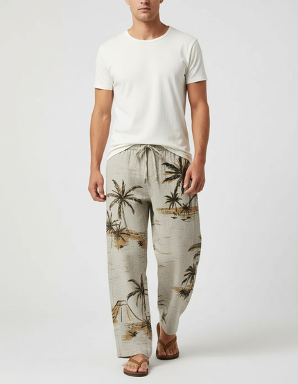 Pantalon Beige Ample Cordon Imprimé Palmier Homme - Lin