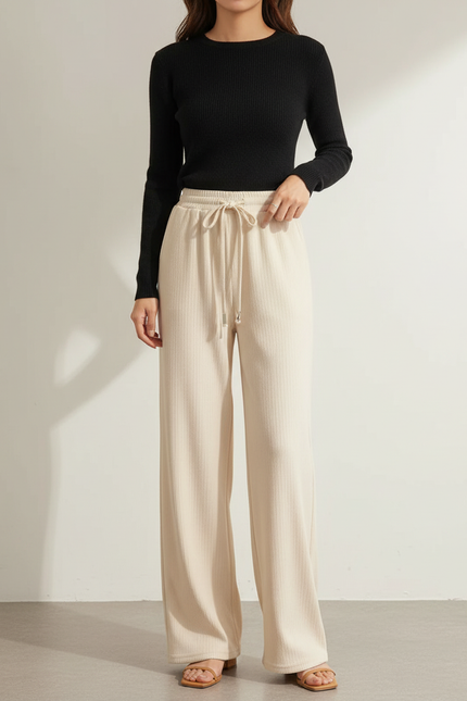 Pantalon Beige Côtelé Ample Élastique Confortable Femme - Maille