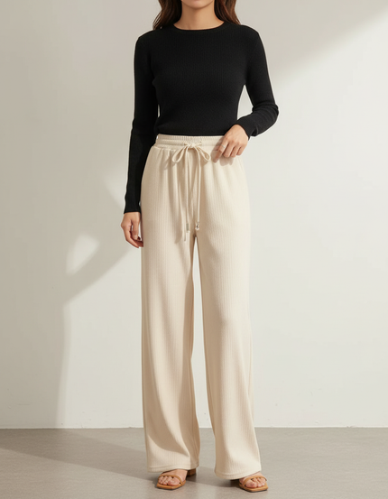 Pantalon Beige Côtelé Ample Élastique Confortable Femme - Maille