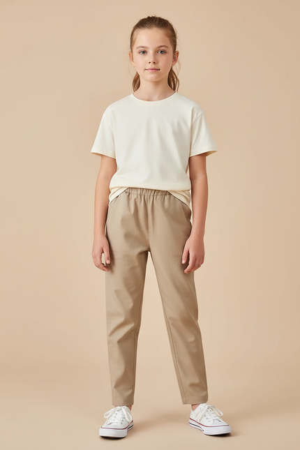 Pantalon Beige Coton Décontracté Fille Cheville Élastique