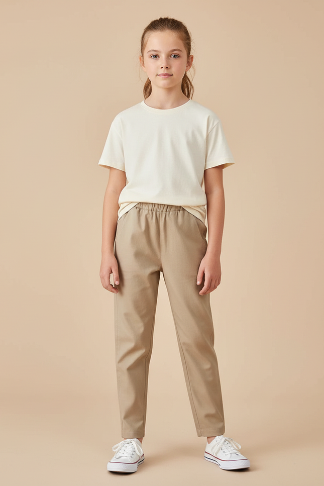 Pantalon Beige Coton Décontracté Fille Cheville Élastique