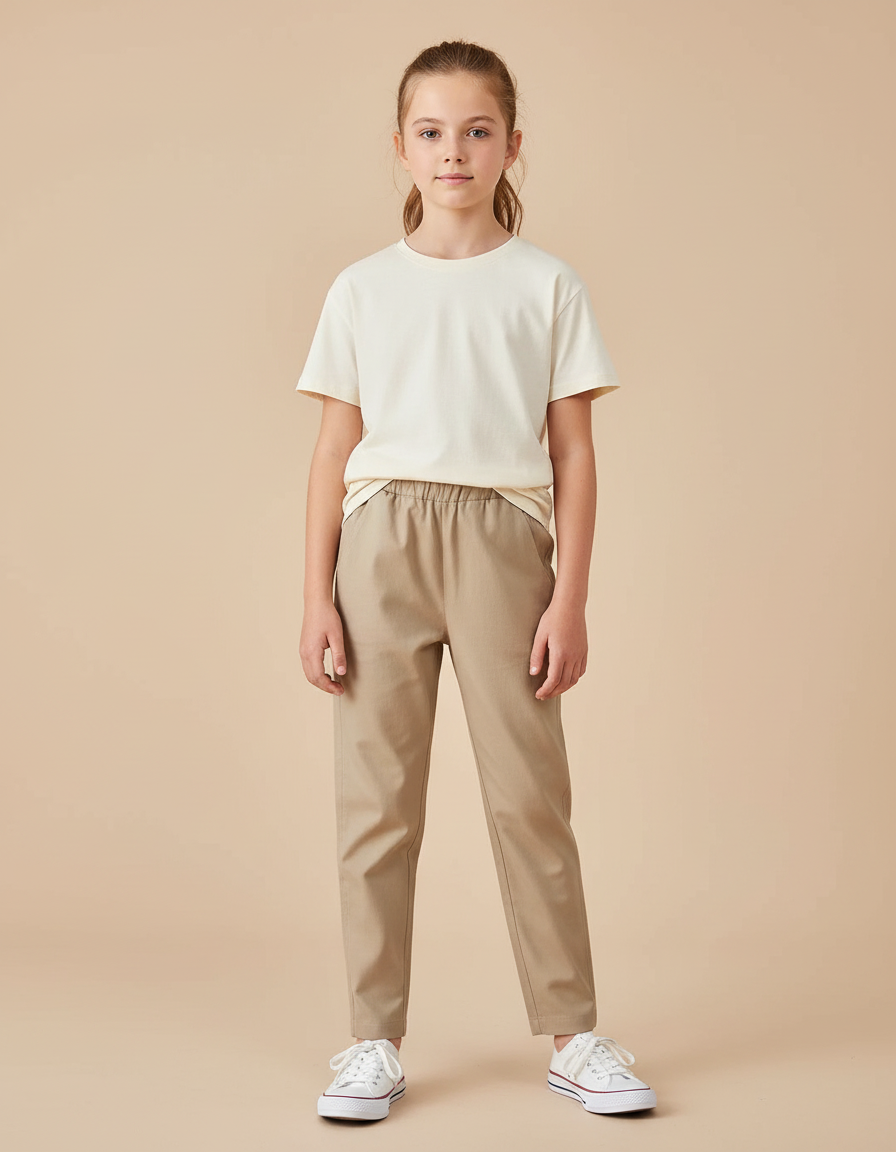 Pantalon Beige Coton Décontracté Fille Cheville Élastique