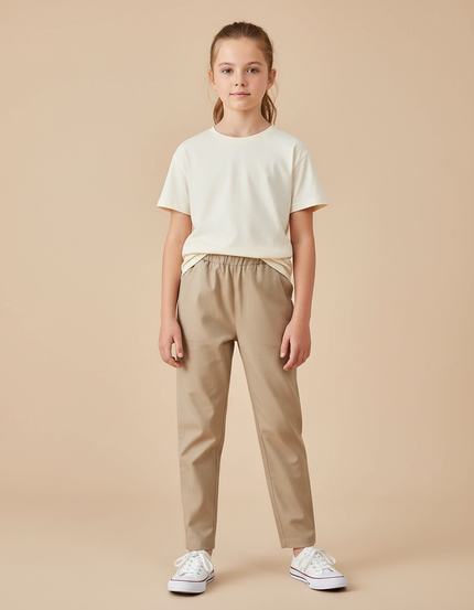 Pantalon Beige Coton Décontracté Fille Cheville Élastique