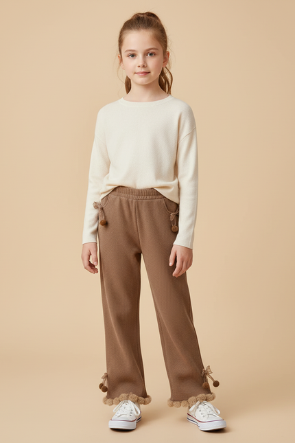 Pantalon Beige Marron Pompons Doux Enfants Mignon - Maille