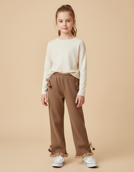 Pantalon Beige Marron Pompons Doux Enfants Mignon - Maille