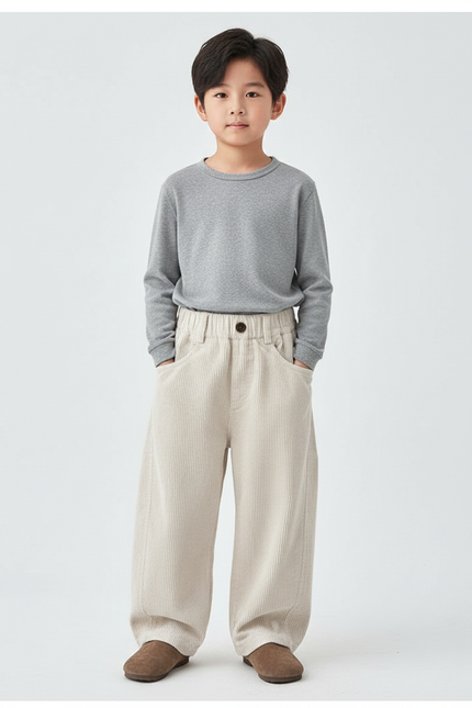 Pantalon Beige Côtelé Ample Décontracté Enfant Uni - Cordé