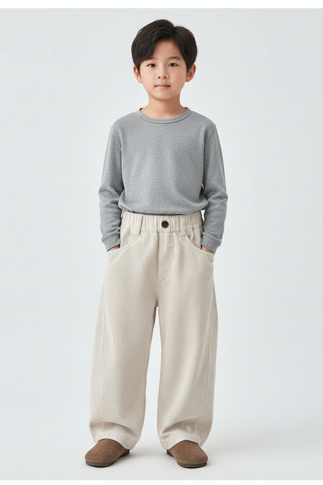 Pantalon Beige Côtelé Ample Décontracté Enfant Uni - Cordé