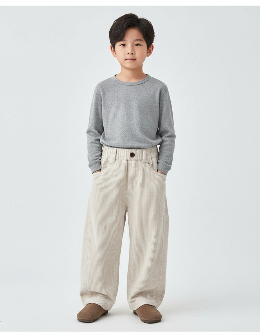 Pantalon Beige Côtelé Ample Décontracté Enfant Uni - Cordé