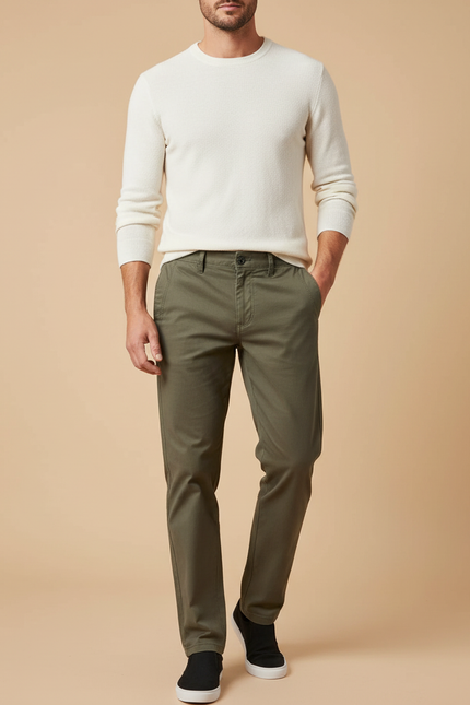 Pantalon Beige Homme Coton Slim Décontracté Vert Olive - Kaki