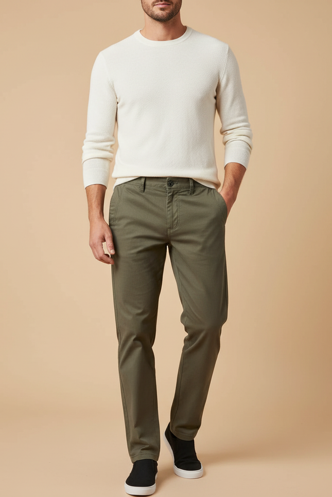 Pantalon Beige Homme Coton Slim Décontracté Vert Olive - Kaki
