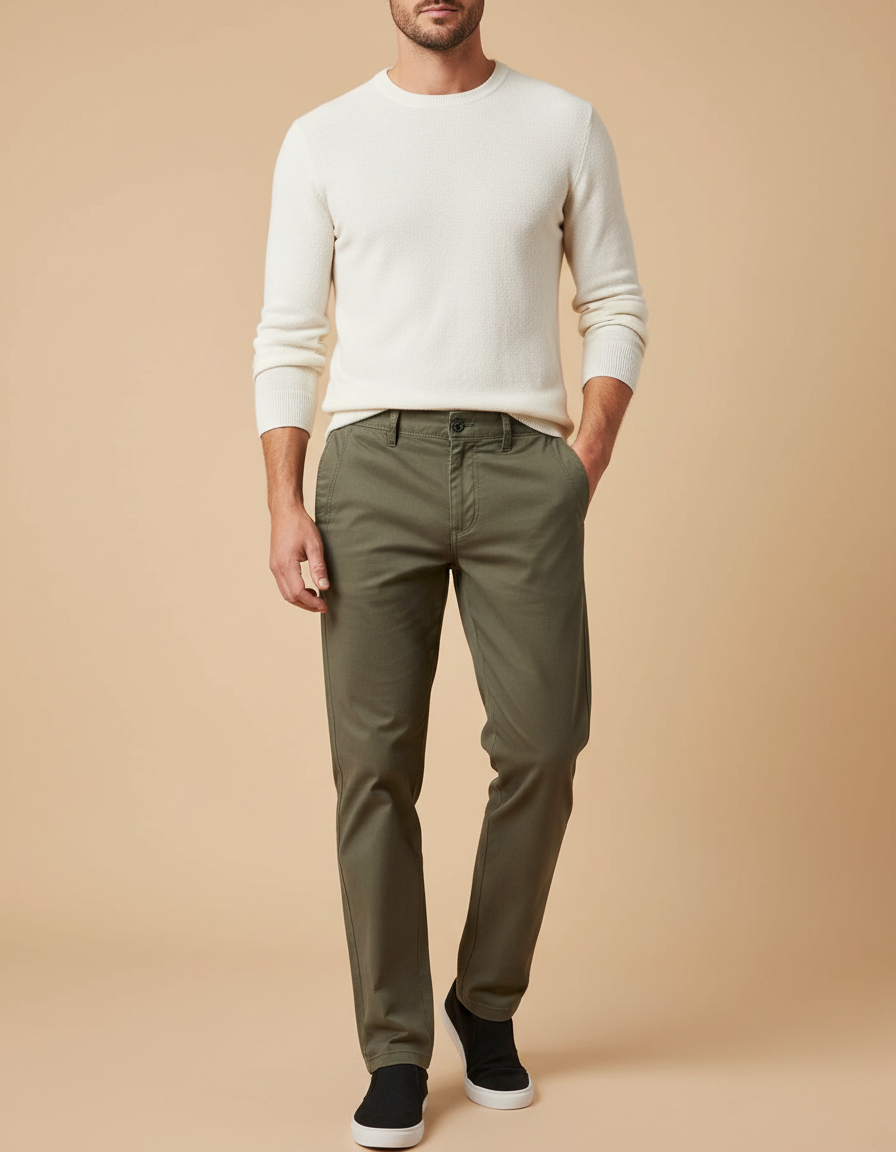 Pantalon Beige Homme Coton Slim Décontracté Vert Olive - Kaki
