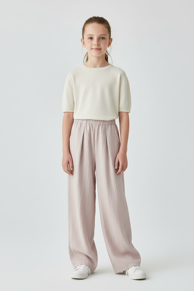 Pantalon Beige Ample Fluide Enfant Coton Plissé - Rose Lin